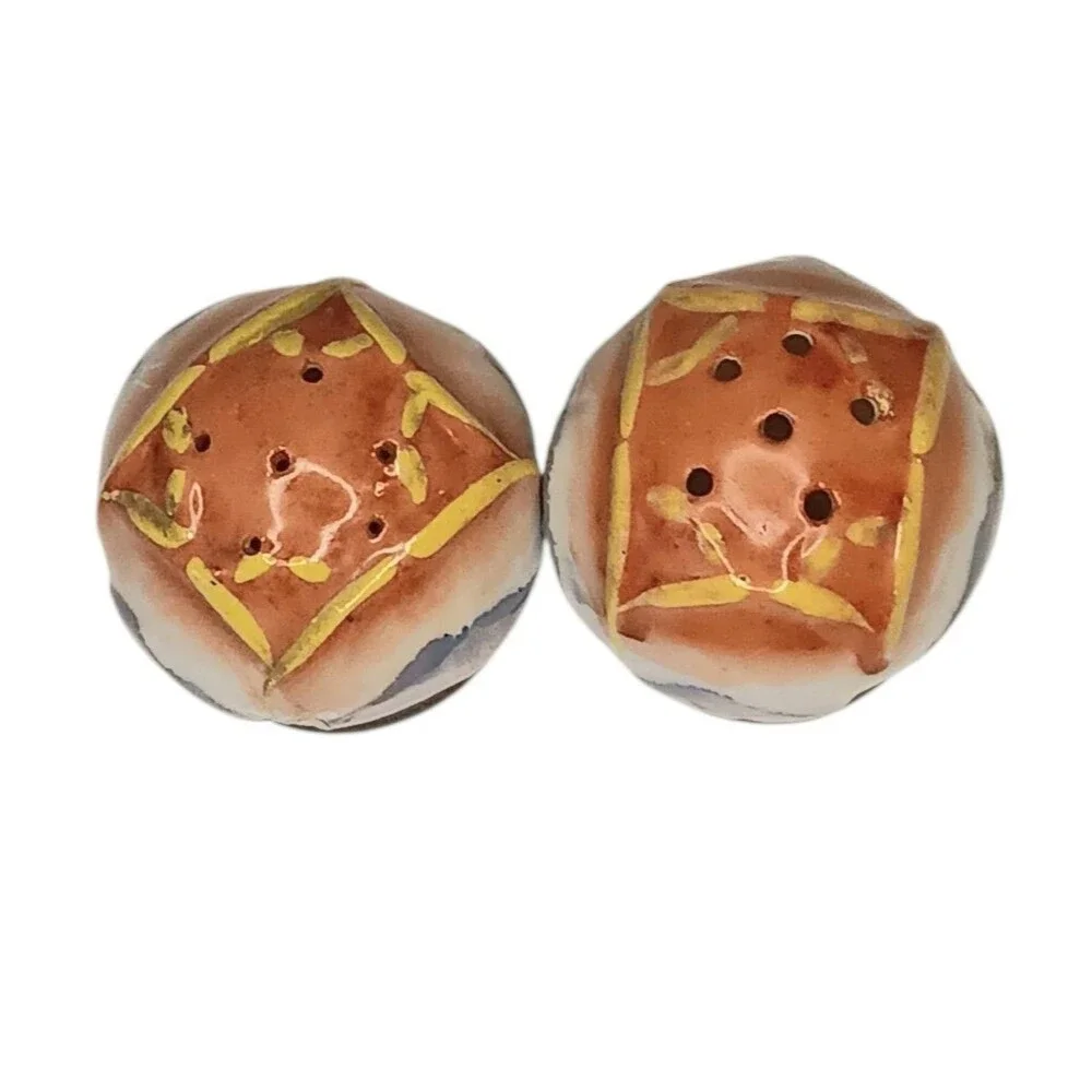 Vintage Blue & Orange Lusterware Salt & Pepper Shakers Round Top W New Stoppers